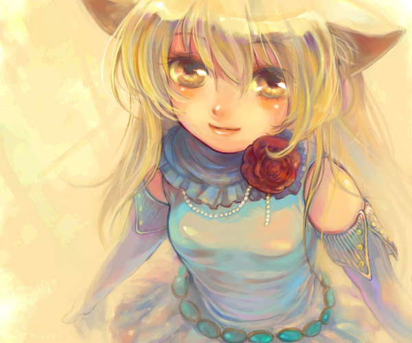 ame yamori, animal ears, blonde hair, blush, brown eyes, detached sleeves, dress, flower, long hair, solo