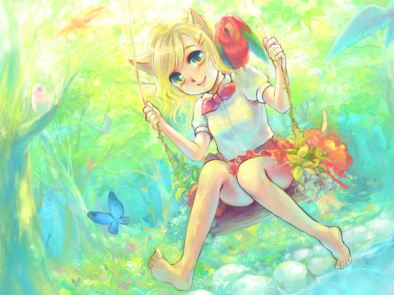 ame yamori, 1girl, animal, animal ears, animal on shoulder, barefoot, bird, bird on shoulder, blonde hair, bug, butterfly, convenient leg, female focus, flower, forest, insect, nature, on swing, parrot, smile, solo, swing