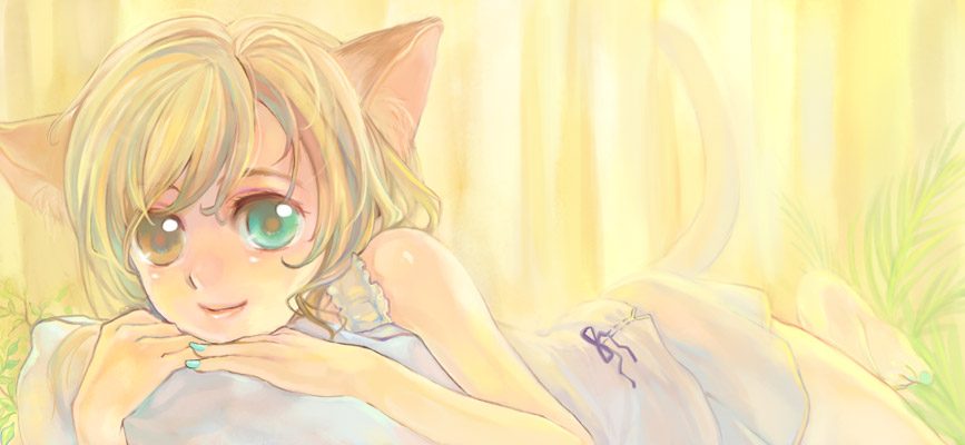 ame yamori, 1girl, animal ears, aqua nails, blonde hair, female focus, heterochromia, lying, nail polish, on stomach, pillow, short hair, smile, solo, tail