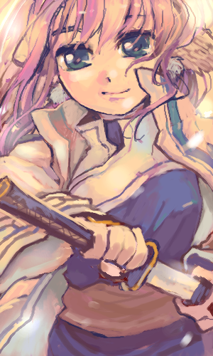 ame yamori, touka (utawarerumono), utawarerumono, lowres, 00s, 1girl, female focus, head wings, katana, ponytail, purple hair, solo, sword, weapon, wings