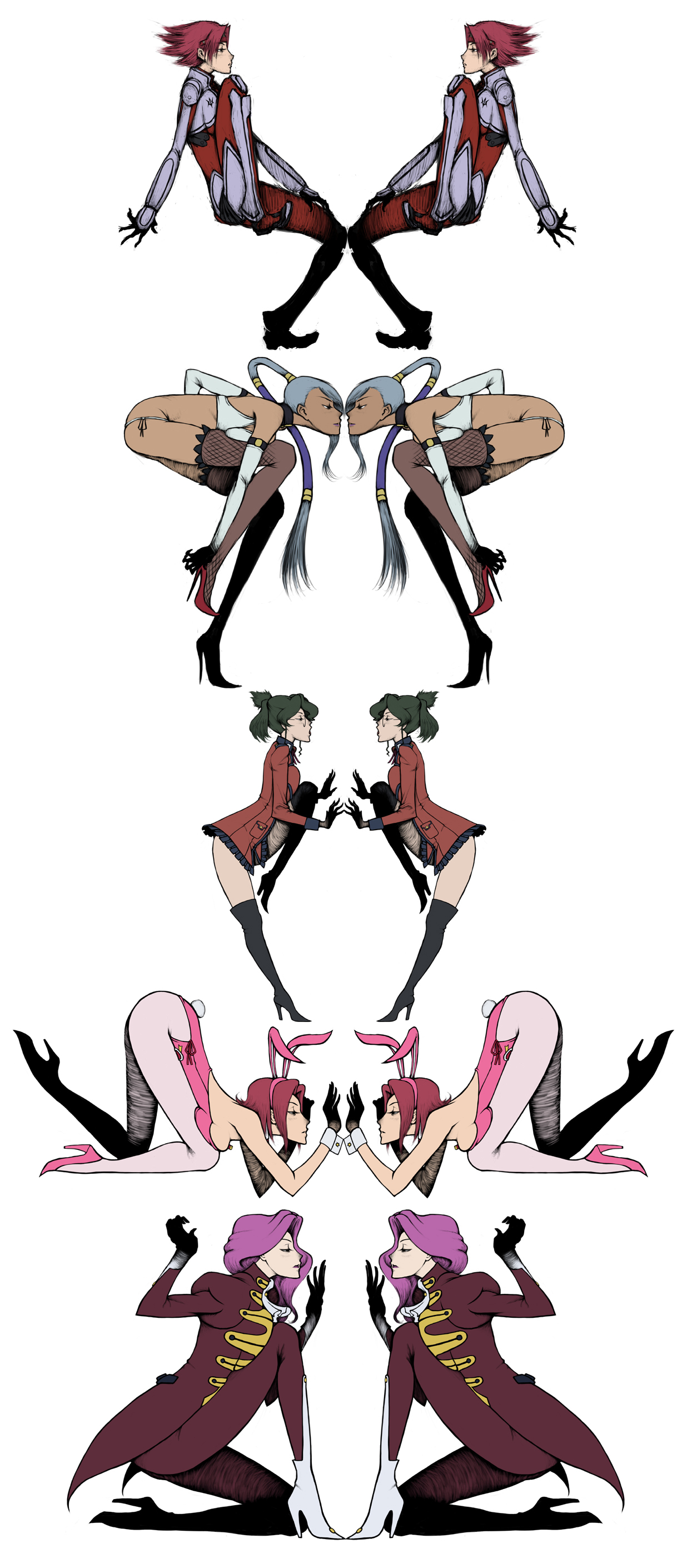 tianzhong zhongtian, cornelia li britannia, kouzuki kallen, nina einstein, villetta nu, code geass, absurdres, highres, long image, tall image, 00s, 4girls, animal ears, blue hair, bodysuit, contortion, dark-skinned female, dark skin, fake animal ears, flexible, glasses, green hair, high heels, long hair, multiple girls, pantyhose, pink hair, playboy bunny, rabbit ears, red hair, shoes, short hair, symmetry, thighhighs