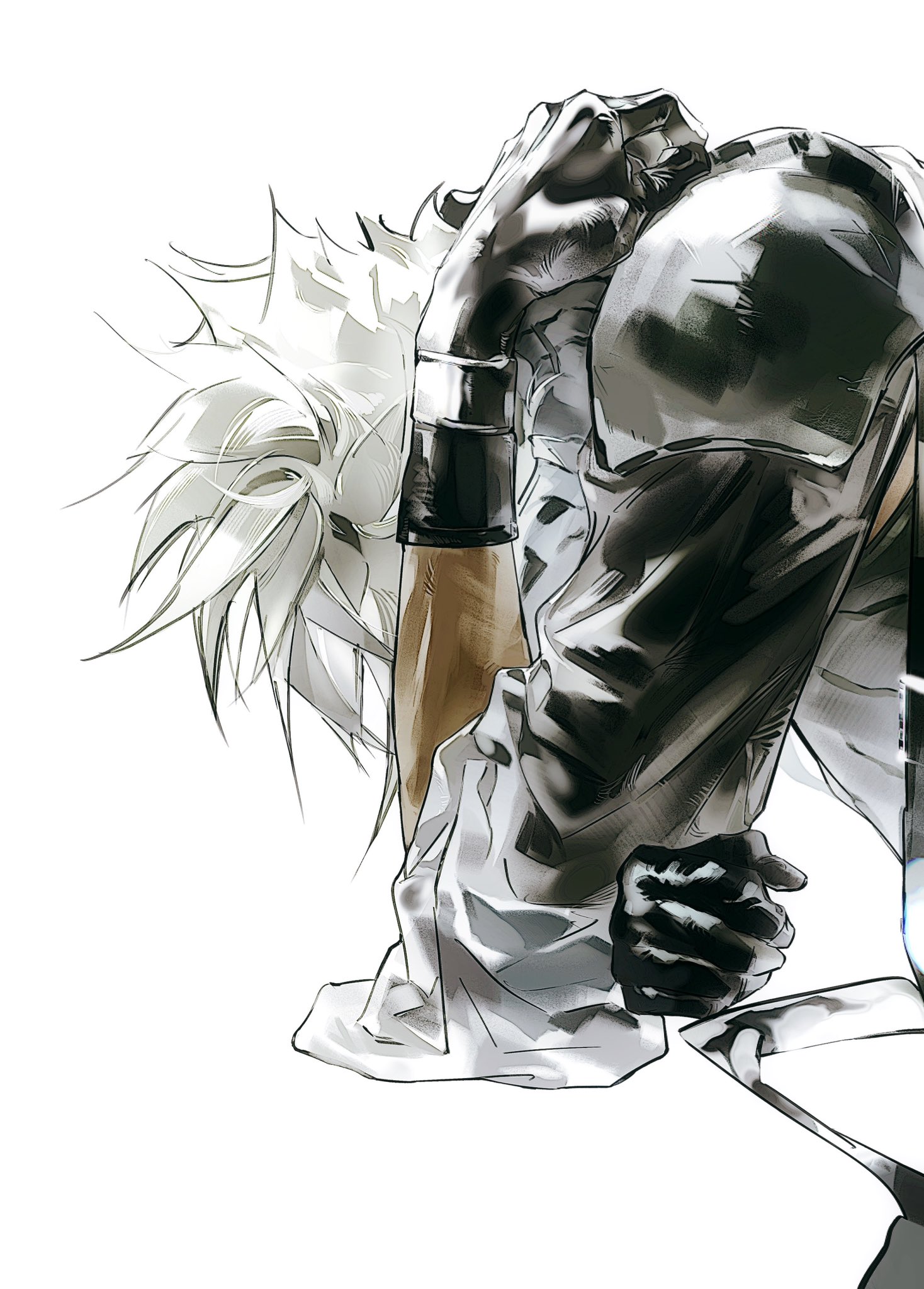 yiran toru, cloud strife, final fantasy, final fantasy vii, final fantasy vii advent children, highres, 1boy, armor, black gloves, black sleeves, black vest, crossed arms, depressed, gloves, hunched over, male focus, messy hair, pauldrons, short hair, shoulder armor, single pauldron, single sleeve, solo, spiked hair, upper body, vest, white background