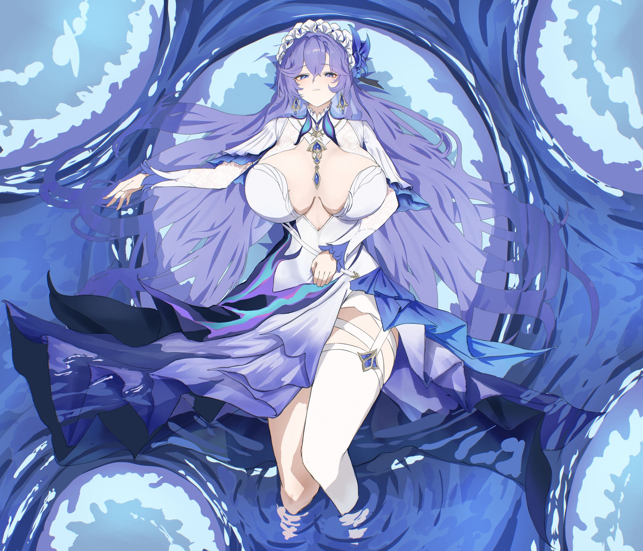 hth5k, cantarella (wuthering waves), wuthering waves, highres, 1girl, asymmetrical legwear, blue eyes, breasts, dress, from above, headdress, huge breasts, legwear cutout, lying, purple hair, shrug (clothing), single thighhigh, solo, thighhighs, uneven legwear, white dress, white shrug