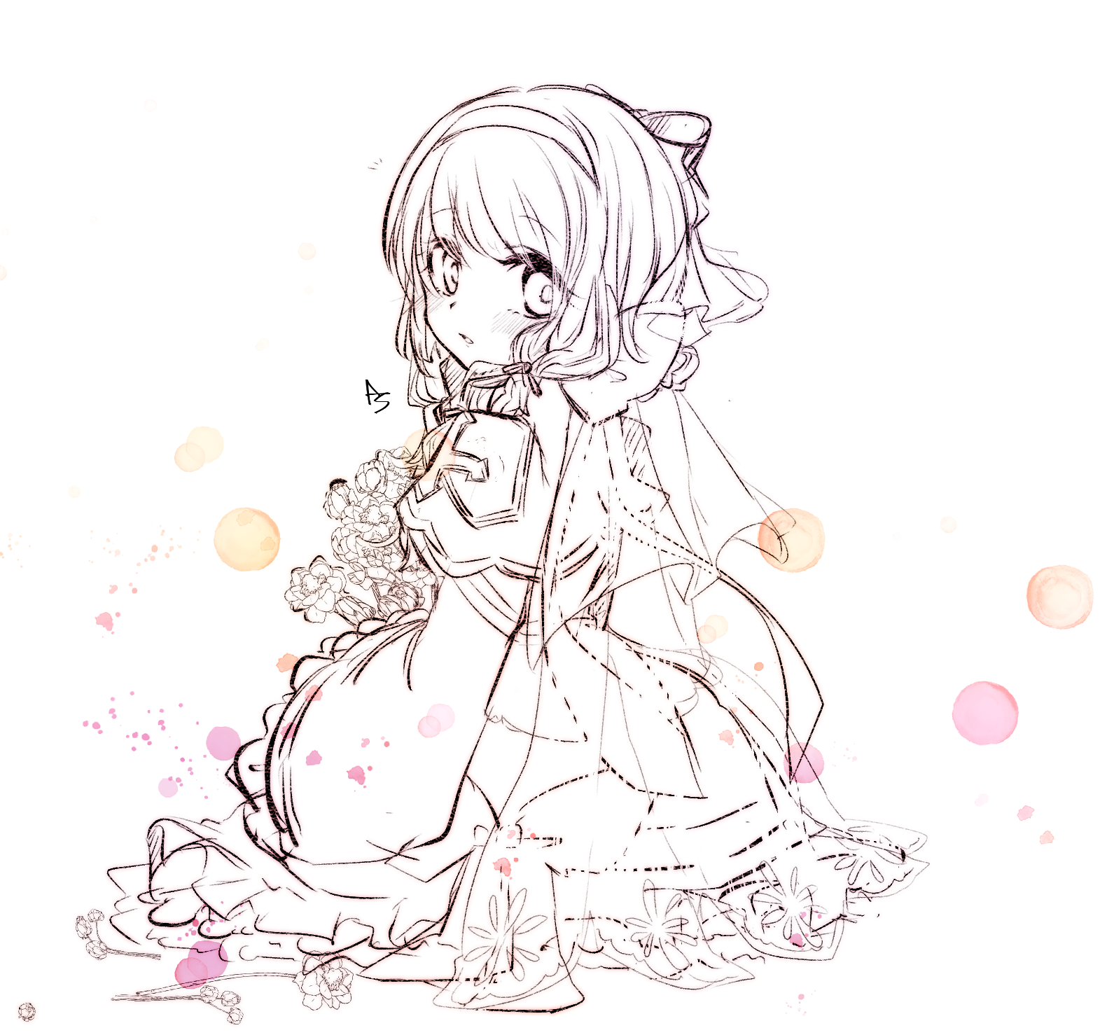 asuta (kinakomoti300), arch bishop (ragnarok online), ragnarok online, commentary request, highres, 1girl, blush, bouquet, bow, dress, dress bow, flower, frilled dress, frilled sleeves, frills, full body, greyscale, hair bow, hairband, holding, holding bouquet, lineart, long sleeves, looking at viewer, looking back, monochrome, official alternate costume, open mouth, short hair, sitting, solo