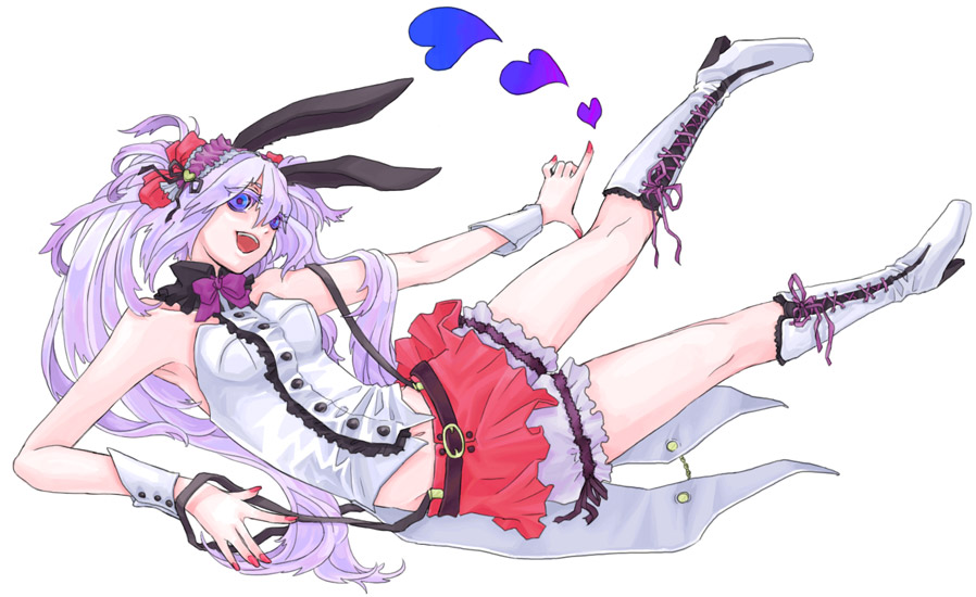 kiyoshi hana, rouka (roukaukauka), original, bad id, bad pixiv id, 1girl, animal ears, blue eyes, boots, female focus, high heel boots, high heels, knee boots, lace-up boots, long hair, purple hair, rabbit ears, skirt, solo, twintails