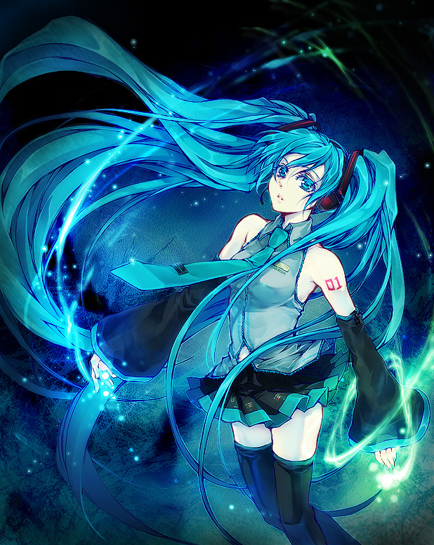 yue (pixiv), hatsune miku, vocaloid, bad id, bad pixiv id, 1girl, bare shoulders, detached sleeves, female focus, long hair, necktie, skirt, solo, thighhighs, twintails, very long hair