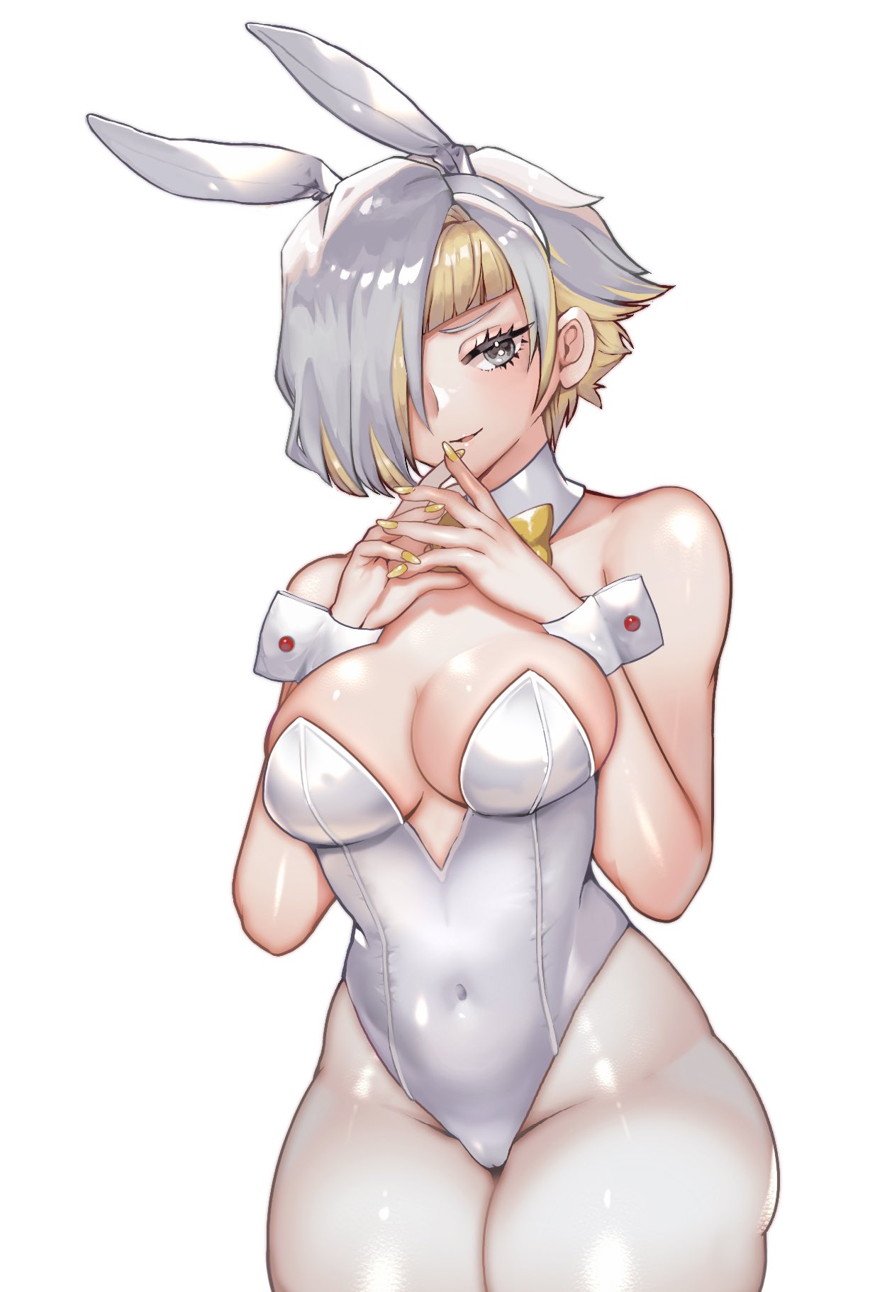 njaja kanja, kromer (project moon), limbus company, project moon, highres, 1girl, alternate costume, animal ear hairband, animal ears, blonde hair, bow, bowtie, breasts, cleavage, covered navel, detached collar, fake animal ears, grey eyes, hair over one eye, hairband, leotard, looking at viewer, multicolored hair, pantyhose, playboy bunny, rabbit ear hairband, rabbit ears, short hair, simple background, smile, solo, standing, strapless, strapless leotard, upper body, white background, white hair, white leotard, white pantyhose, white wrist cuffs, wrist cuffs, yellow bow, yellow bowtie, yellow nails