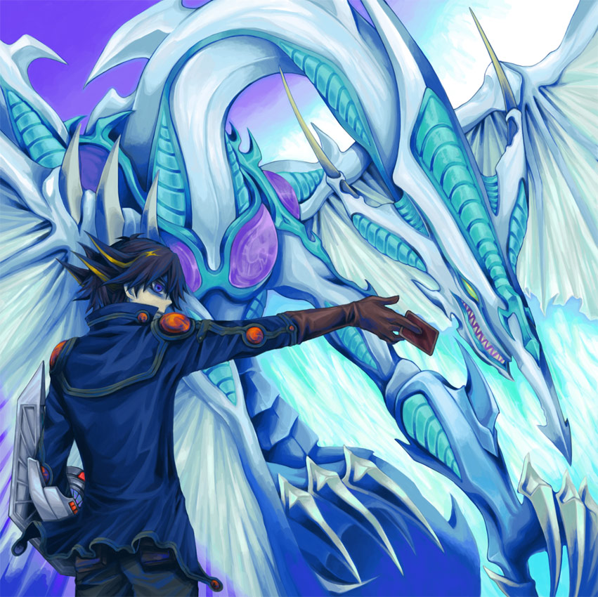 kiyoshi hana, rouka (roukaukauka), fudo yusei, stardust dragon, yu-gi-oh!, yu-gi-oh! 5d's, bad id, bad pixiv id, 00s, 1boy, black hair, dragon, duel disk, duel monster, fantasy, male focus, monster, multicolored hair, solo, streaked hair, yuusei fudou