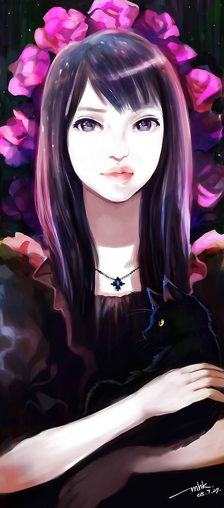 mhk (mechamania), original, 1girl, black eyes, black hair, cat, female focus, flower, lips, long hair, looking at viewer, solo