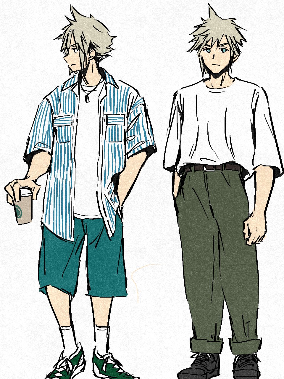 pulupulupoodle, cloud strife, final fantasy, final fantasy vii, highres, 1boy, alternate costume, aqua shorts, black shoes, blonde hair, blue eyes, casual, closed mouth, collared shirt, cup, disposable coffee cup, disposable cup, full body, green shoes, grey pants, hand in pocket, holding, holding cup, jewelry, light frown, male focus, multiple views, necklace, pants, pants rolled up, shirt, shirt under shirt, shoes, short hair, shorts, sketch, sneakers, socks, solo, spiked hair, standing, striped clothes, striped shirt, white background, white shirt, white socks