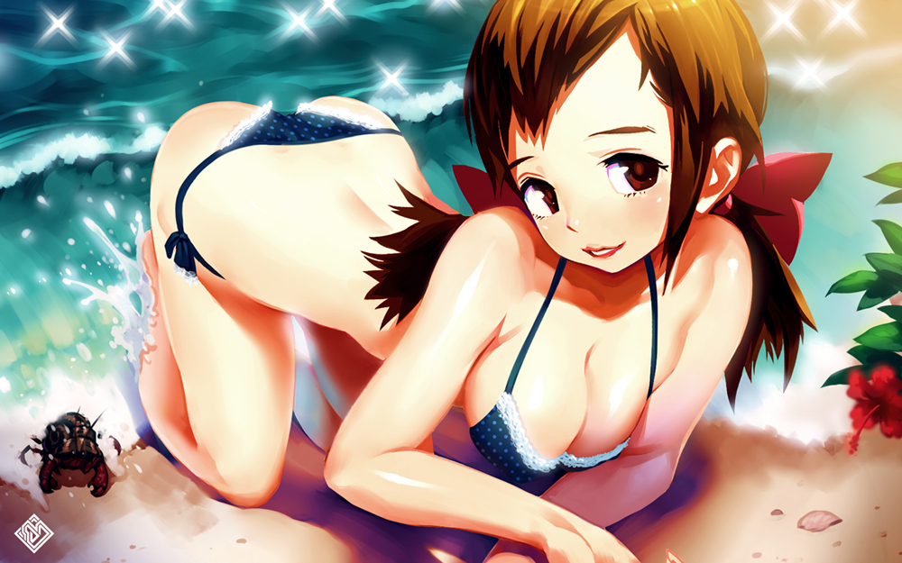 mhk (mechamania), original, 1girl, all fours, beach, bikini, breasts, brown eyes, brown hair, cleavage, female focus, large breasts, polka dot, polka dot bikini, short twintails, side-tie bikini bottom, solo, swimsuit, twintails