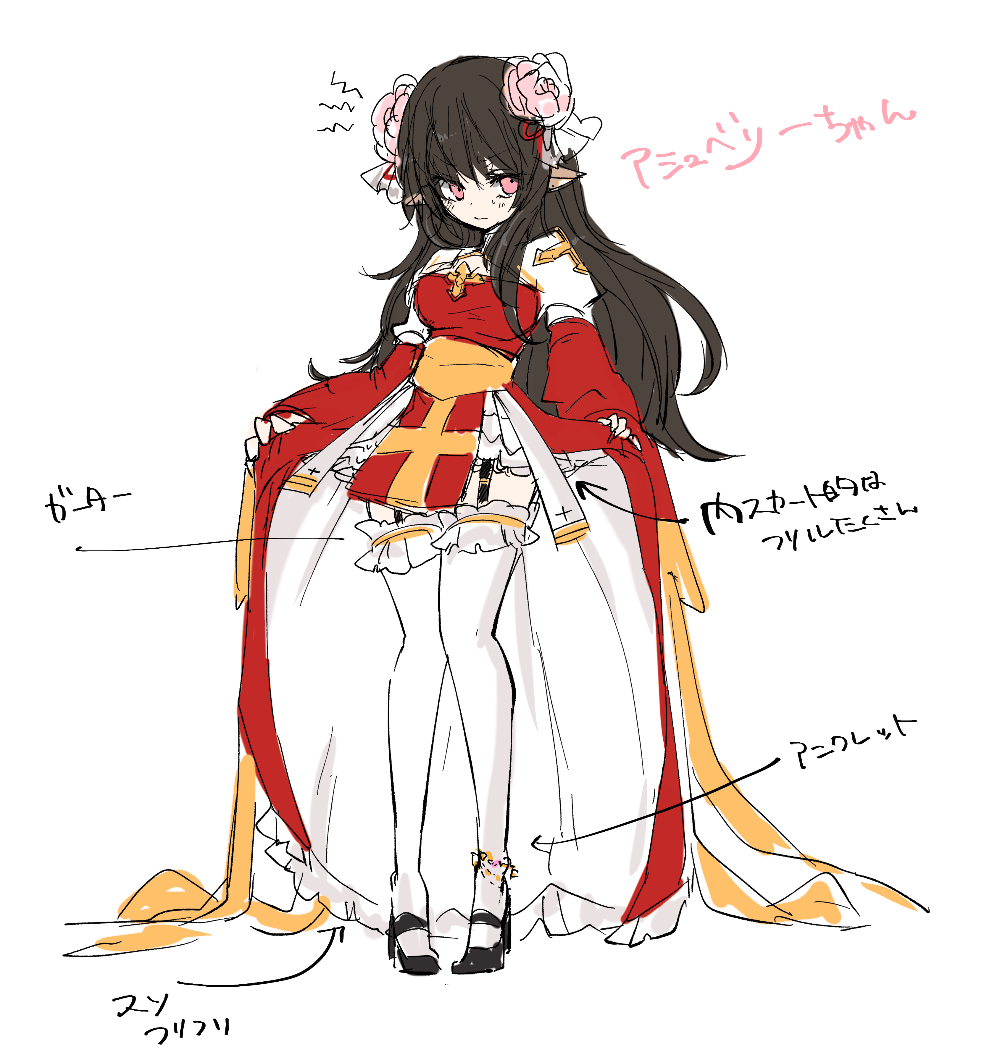 asuta (kinakomoti300), arch bishop (ragnarok online), ragnarok online, absurdres, commentary request, highres, translation request, 1girl, black hair, black shoes, blush, breasts, cleavage, cleavage cutout, closed mouth, clothing cutout, cross, curtsey, dress, fishnet thighhighs, fishnets, flower, full body, hair flower, hair ornament, juliet sleeves, long hair, long sleeves, looking at viewer, medium breasts, pink eyes, pink flower, pointy ears, puffy sleeves, red dress, sash, shoes, simple background, solo, thighhighs, two-tone dress, v-shaped eyebrows, white background, white dress, white thighhighs, yellow sash