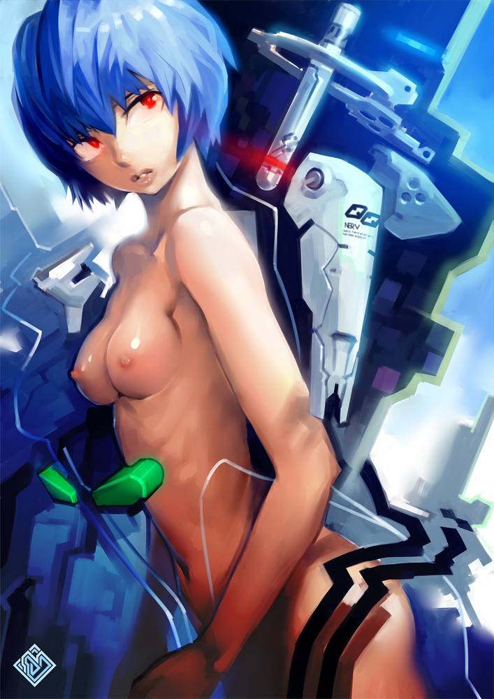 mhk (mechamania), ayanami rei, neon genesis evangelion, 1girl, blue hair, breasts, entry plug, female focus, nipples, nude, red eyes, short hair, solo