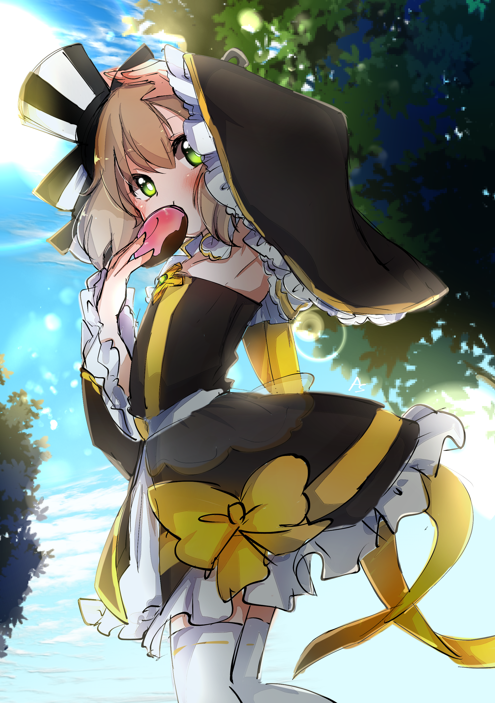 asuta (kinakomoti300), arch bishop (ragnarok online), ragnarok online, absurdres, commentary request, highres, 1girl, arm up, armpits, black dress, black hat, blue sky, blush, bow, brown hair, cross, day, donut, dress, dress bow, eating, feet out of frame, flat chest, food, frilled dress, frilled sleeves, frills, green eyes, hat, looking at viewer, outdoors, short hair, sky, solo, thighhighs, tree, two-tone hat, white hat, white thighhighs, yellow bow