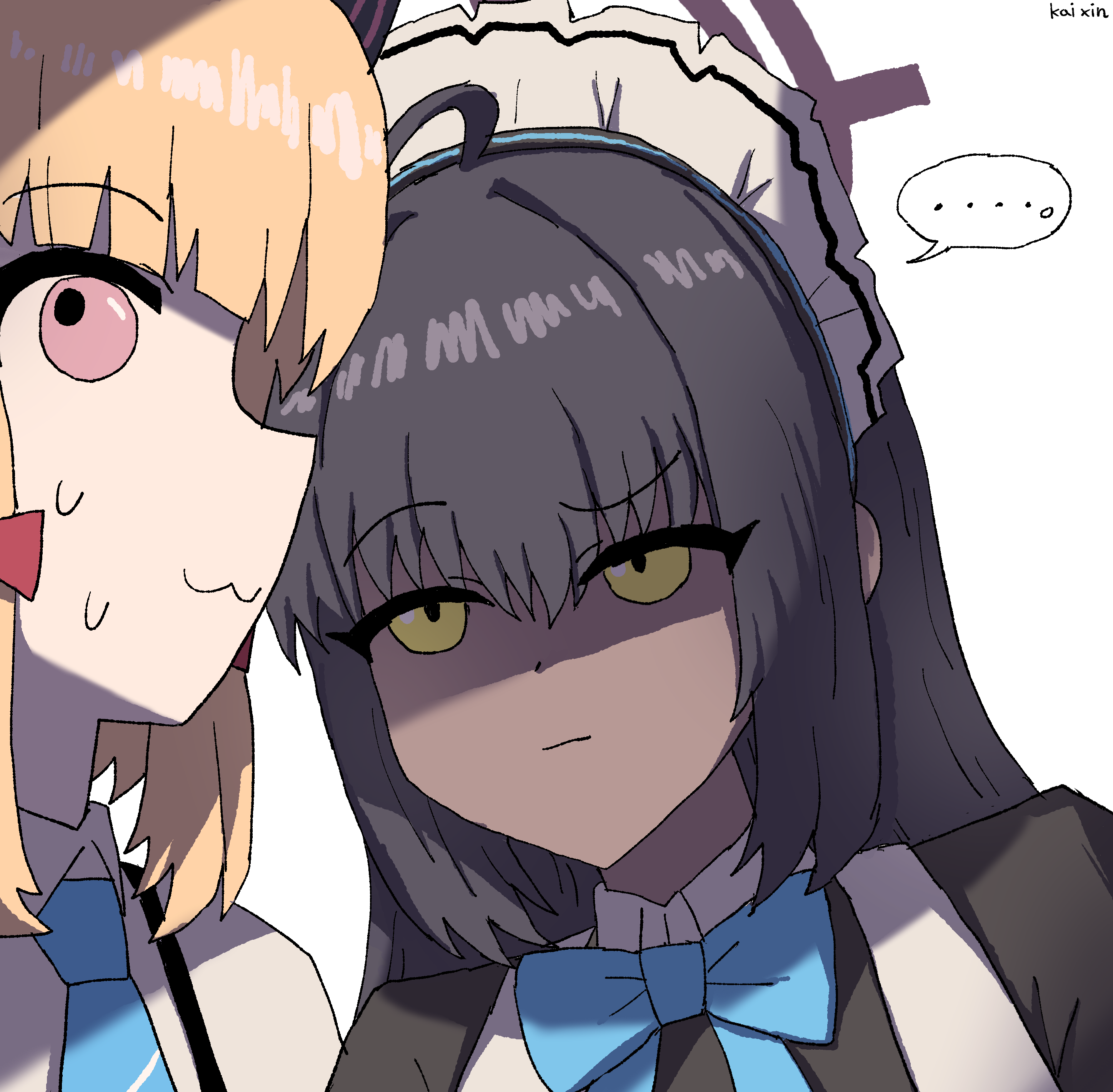 kai xin, karin (blue archive), momoi (blue archive), blue archive, dexter (tv series), absurdres, commentary, highres, symbol-only commentary, …, 2girls, :3, artist name, black hair, blue bow, blue bowtie, blue necktie, bow, bowtie, closed mouth, maid headdress, meme, multiple girls, necktie, nervous sweating, parody, portrait, racist momoi (meme), raised eyebrow, scene reference, shaded face, simple background, spoken ellipsis, staring, sweat, white background, yellow eyes