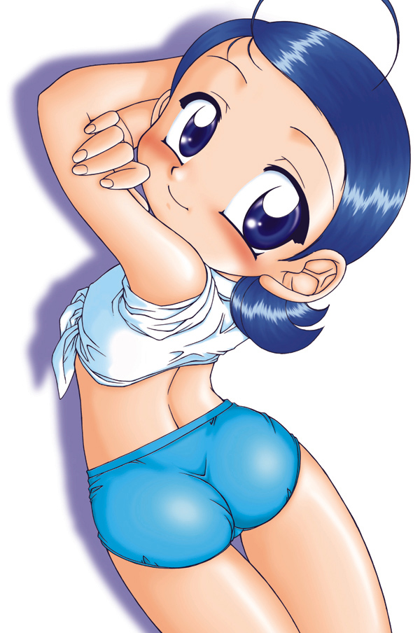 senoo aiko, ojamajo doremi, artist request, 1girl, ahoge, ass, blue eyes, blue hair, blue shorts, blush, female focus, loli, looking at viewer, looking back, lying, midriff, shirt, short hair, short sleeves, shorts, solo, swimsuit, tied shirt, white background, white shirt