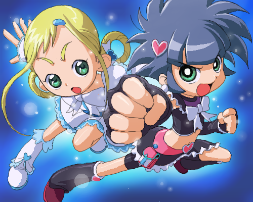 asuka momoko, cure black, cure white, matsubara kaoru, misumi nagisa, powered buttercup, yukishiro honoka, futari wa precure, ojamajo doremi, powerpuff girls, powerpuff girls z, precure, lowres, tagme, 00s, child, crossover, fingerless gloves, gloves, heart, oekaki