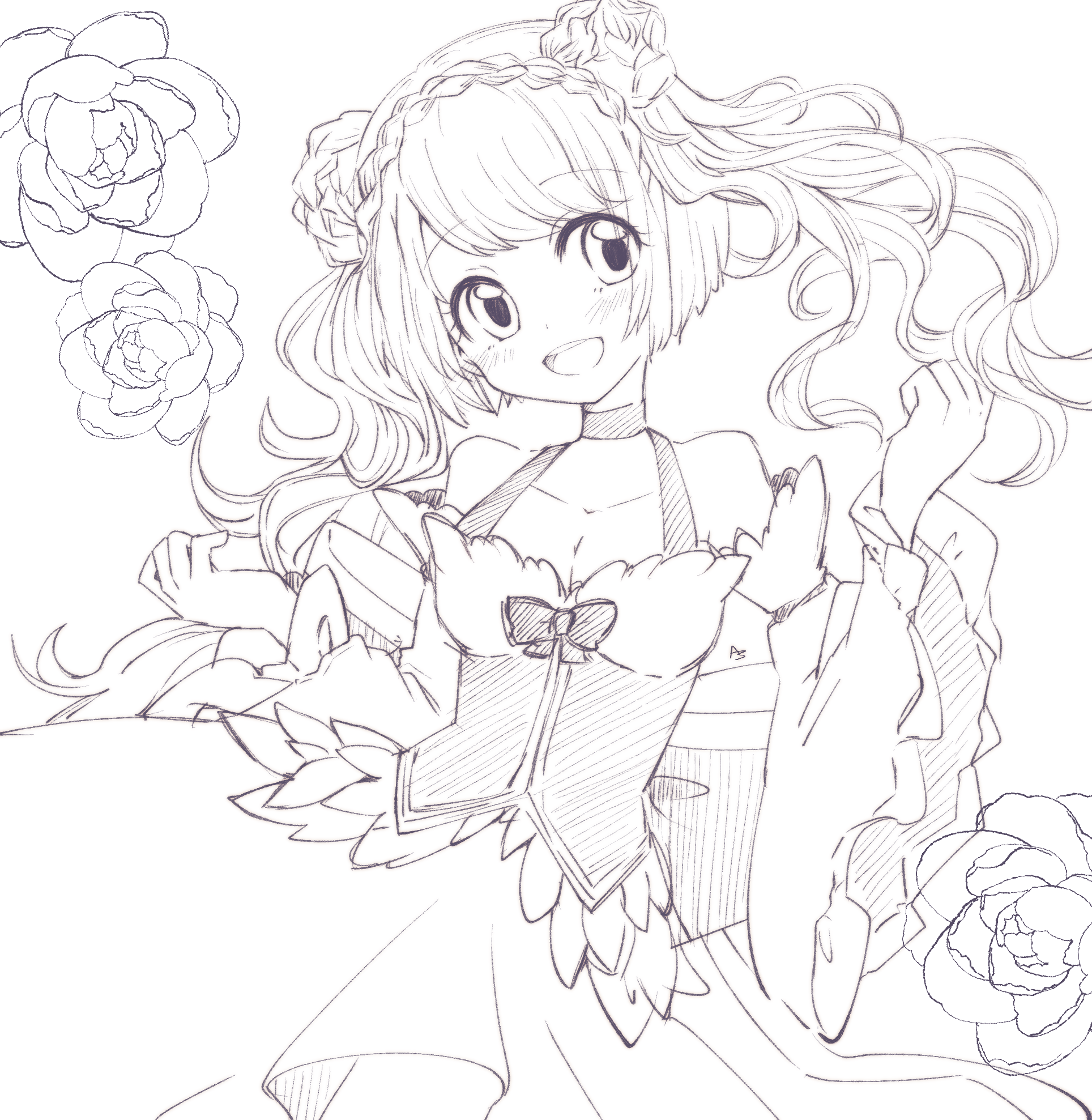 asuta (kinakomoti300), wanderer (ragnarok online), ragnarok online, commentary request, highres, 1girl, blush, braid, breasts, cleavage, corset, cowboy shot, crown braid, detached sleeves, dress, flower, greyscale, hair flower, hair ornament, long hair, looking at viewer, medium breasts, monochrome, official alternate costume, open mouth, simple background, sleeveless, sleeveless dress, smile, solo, twintails, wide sleeves