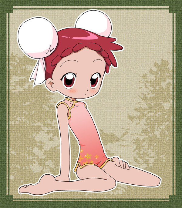 harukaze doremi, ojamajo doremi, 1girl, barefoot, blush, bun cover, china dress, chinese clothes, double bun, dress, flat chest, floral print, hair bun, looking at viewer, pink dress, print dress, red eyes, red hair, sitting, sleeveless, sleeveless dress