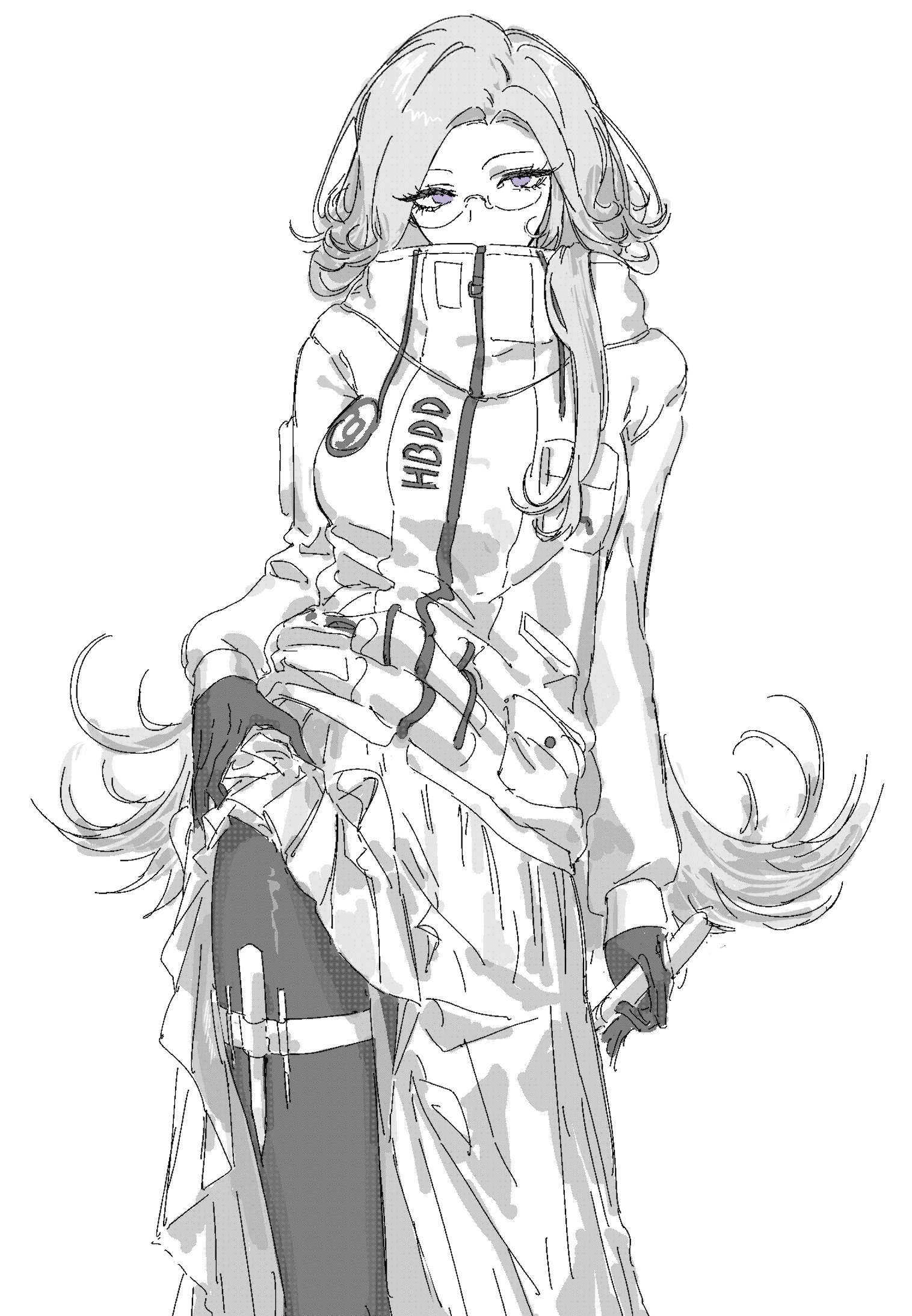 aotsuki eito, the hundred line -last defense academy-, commentary, english commentary, highres, 1girl, breast pocket, clothes lift, covered mouth, glasses, gloves, holding, holding knife, holster, jacket, knife, knife sheath, long hair, long skirt, looking at viewer, pantyhose, pocket, purple eyes, r314dor, sheath, simple background, skirt, skirt lift, solo, spot color, thigh holster