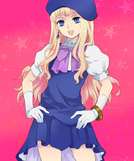 plum (arch), sheryl nome, macross, macross frontier, 00s, beret, blonde hair, blue eyes, cowboy shot, gloves, hair ornament, hairclip, hat, skirt, solo