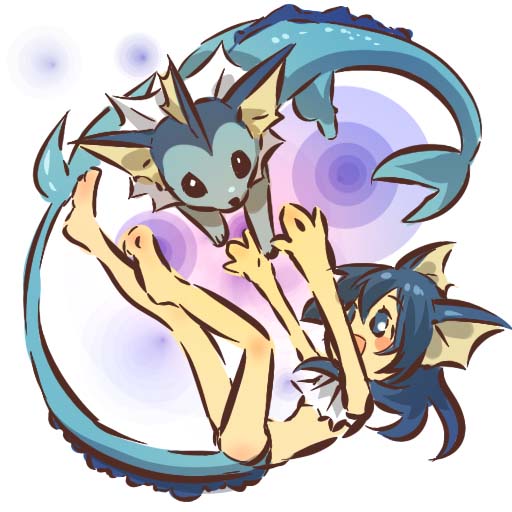 hitec, vaporeon, moemon, nintendo, pokemon, pokemon rgby, 1990s (style), 1girl, animal ears, barefoot, blue eyes, blue hair, blush stickers, costume, creature and personification, full body, gen 1 pokemon, open mouth, personification, pokemon (creature), retro artstyle, simple background, smile, tail