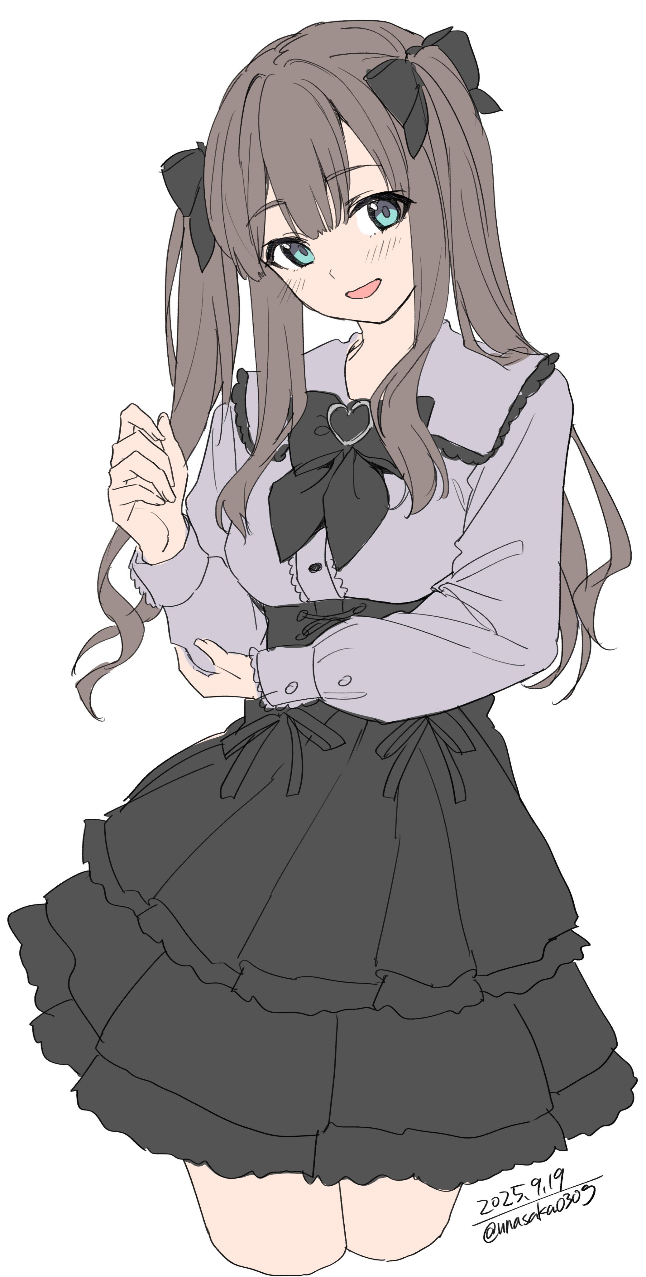 unasaka ryou, original, absurdres, highres, 1girl, black bow, black skirt, blue eyes, blush, bow, breasts, brown hair, cowboy shot, hair bow, hair ornament, long hair, long sleeves, looking at viewer, open mouth, purple shirt, shirt, simple background, skirt, smile, solo, white background