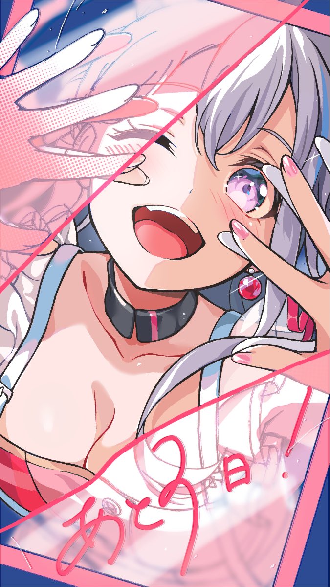 nobusawa osamu, miyanaga nonoka, bang dream!, bang dream! mugendai mewtype, highres, 1girl, blush, earrings, grey hair, jewelry, looking at viewer, one eye closed, open mouth, purple eyes, smile, teeth, virtual youtuber
