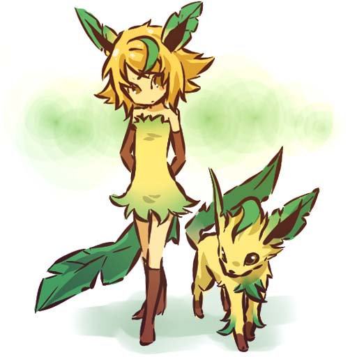 hitec, leafeon, moemon, nintendo, pokemon, pokemon dppt, 00s, 1girl, animal ears, bare shoulders, blonde hair, blush stickers, brown eyes, costume, creature and personification, detached sleeves, gen 4 pokemon, kneehighs, leaf, personification, pokemon (creature), short hair, simple background, socks, standing, tail