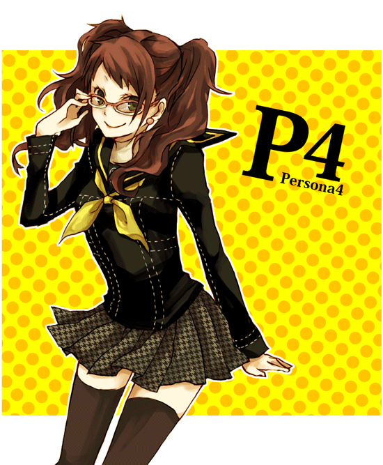 buzz (moi), kujikawa rise, atlus, persona, persona 4, bad id, bad pixiv id, md5 mismatch, 1girl, female focus, glasses, school uniform, serafuku, skirt, smile, solo, thighhighs, twintails