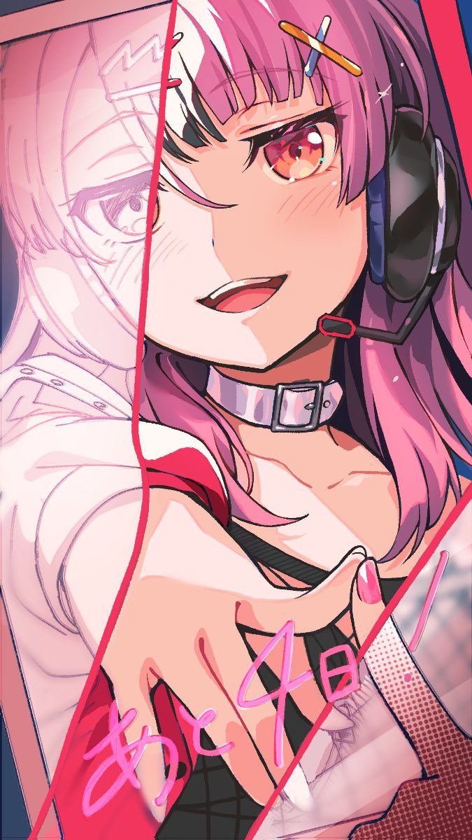 mochipuyo (canvas mochi), sengoku yuno, bang dream!, bang dream! mugendai mewtype, highres, 1girl, black hair, blush, earphones, hair ornament, long hair, looking at viewer, multicolored hair, open mouth, pink hair, red eyes, virtual youtuber