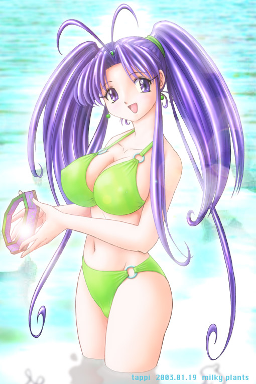 tappi, shugogetten shaolin, mamotte shugogetten!, 1girl, antenna hair, bikini, breasts, cleavage, hoop, huge breasts, large breasts, long hair, mirror, purple eyes, purple hair, swimsuit, twintails, water