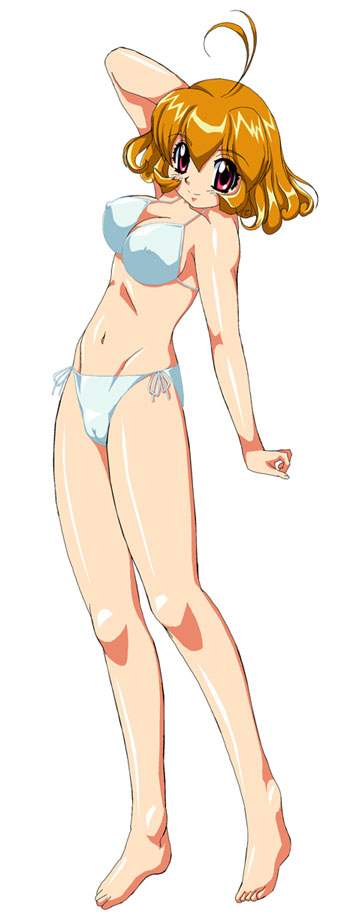 eyeball (artist), kasuga yui, corrector yui, 1990s (style), 1girl, antenna hair, barefoot, bikini, breasts, cameltoe, cleavage, covered erect nipples, female focus, full body, medium breasts, orange hair, pink eyes, red eyes, retro artstyle, short hair, side-tie bikini bottom, simple background, smile, solo, standing, swimsuit, white background