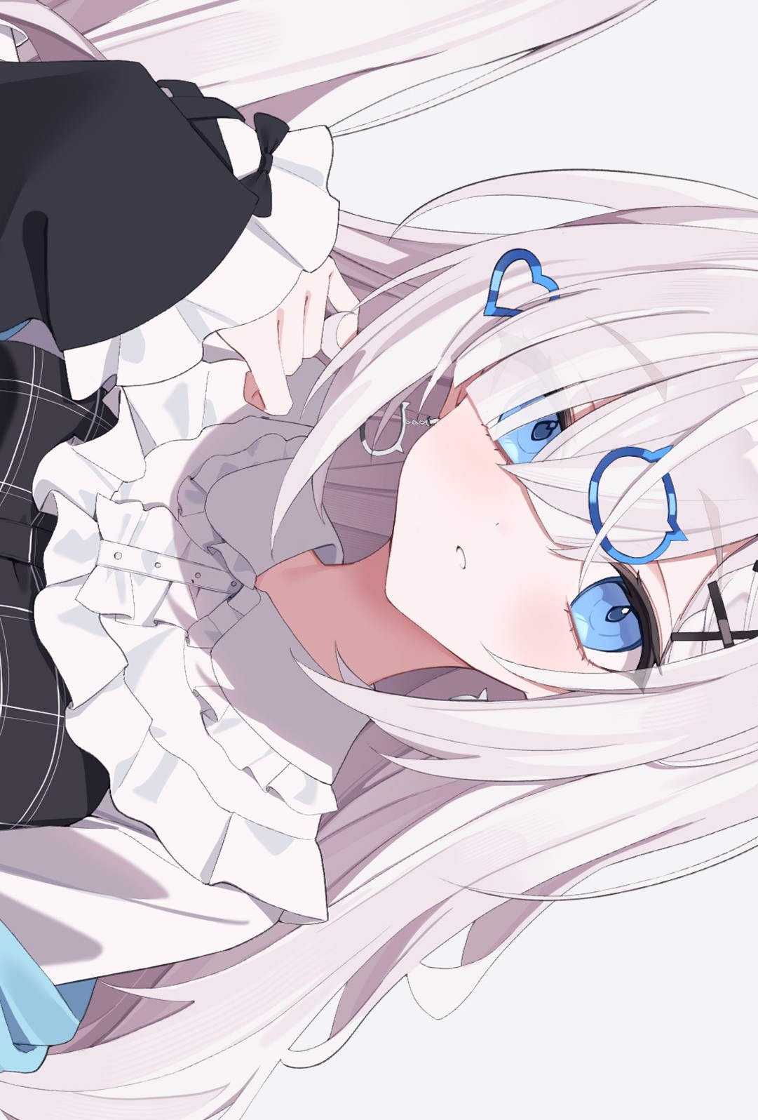 mizu (lzzrwi603), original, highres, 1girl, blue eyes, earrings, eyes visible through hair, frilled sleeves, frills, hair ornament, hair over one eye, hairclip, heart, heart hair ornament, jewelry, light blush, long hair, long sleeves, looking at viewer, sidelocks, sideways, simple background, solo, upper body, white background, white hair