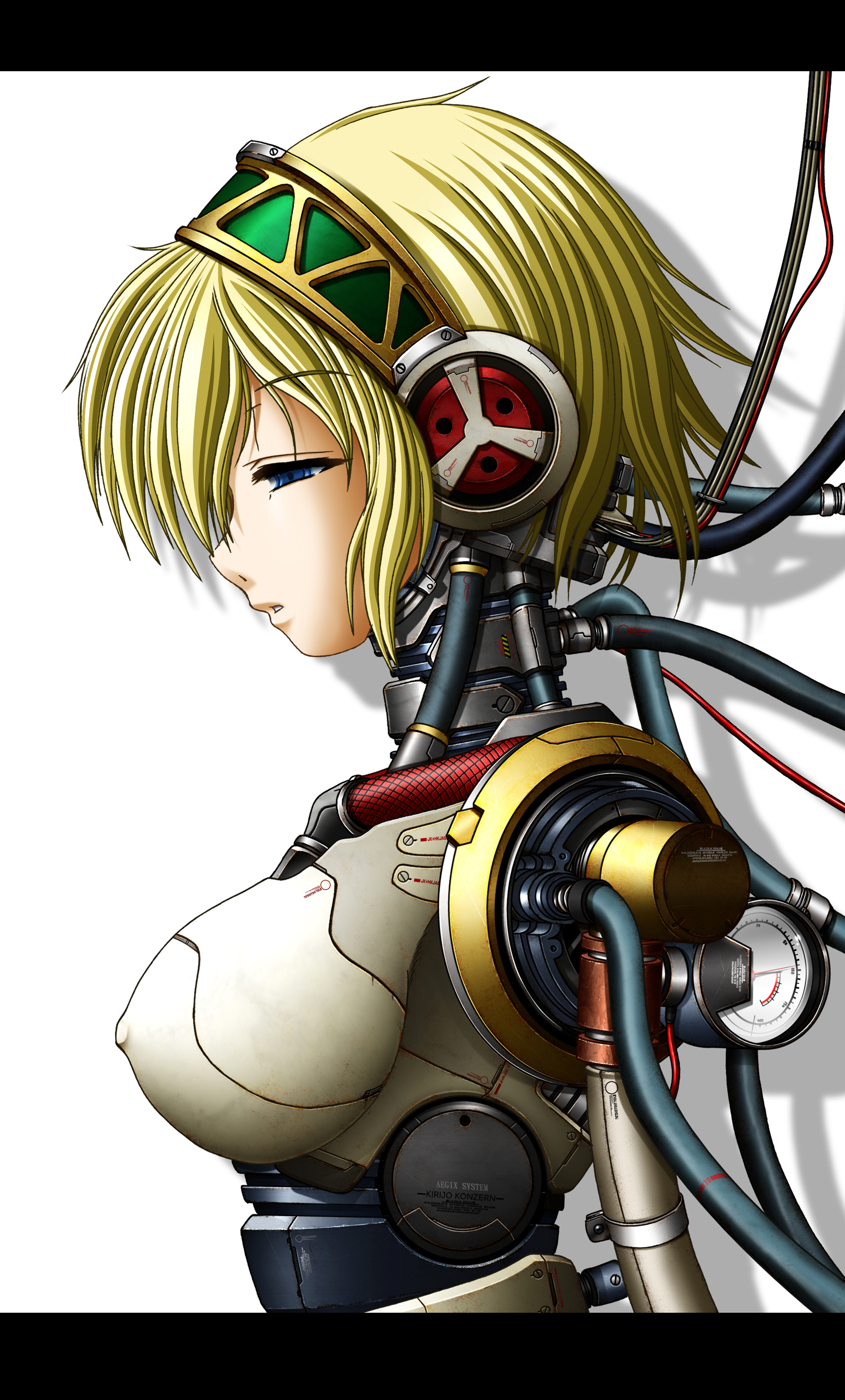 ebisu (amagi seitetsujo), ebisu (artist), aigis (persona), atlus, persona, persona 3, absurdres, highres, 1girl, android, blonde hair, blue eyes, breasts, cable, female focus, gauge, half-closed eyes, letterboxed, mechabare, short hair, solo, white background