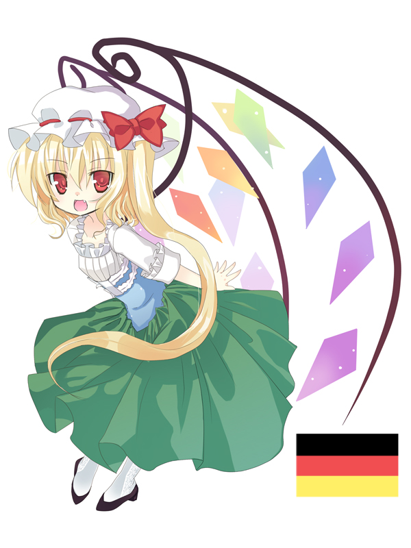 omiso, omiso (omiso), flandre scarlet, touhou, bad id, bad pixiv id, 1girl, blonde hair, female focus, flag, hat, mob cap, ponytail, ribbon, short hair, solo, wings