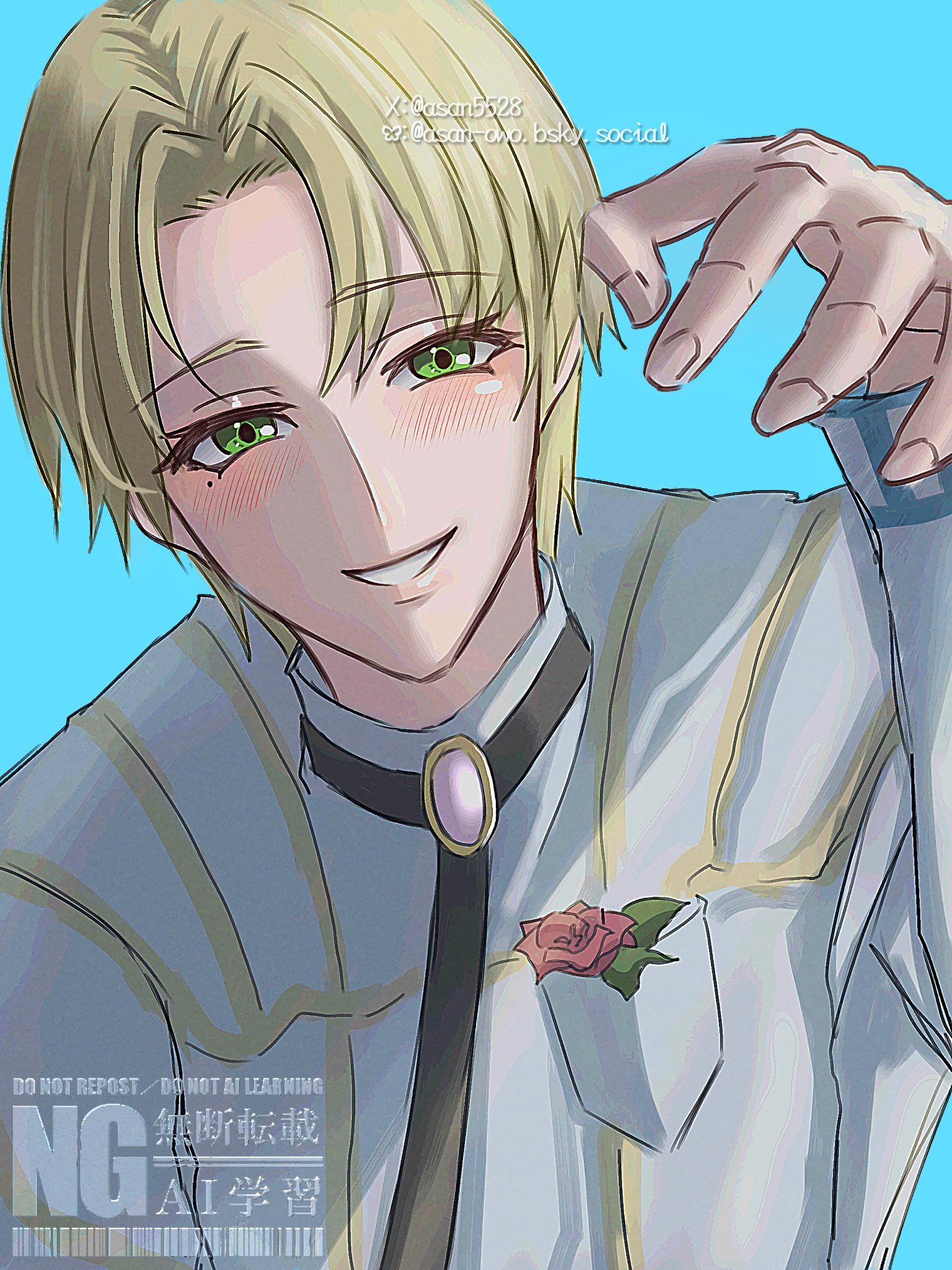 asan5528, alfred (fire emblem), fire emblem, fire emblem engage, nintendo, highres, 1boy, black necktie, blonde hair, blue background, blush, flower, green eyes, long sleeves, looking at viewer, male focus, necktie, open mouth, shirt, short hair, simple background, smile, solo, upper body, white shirt
