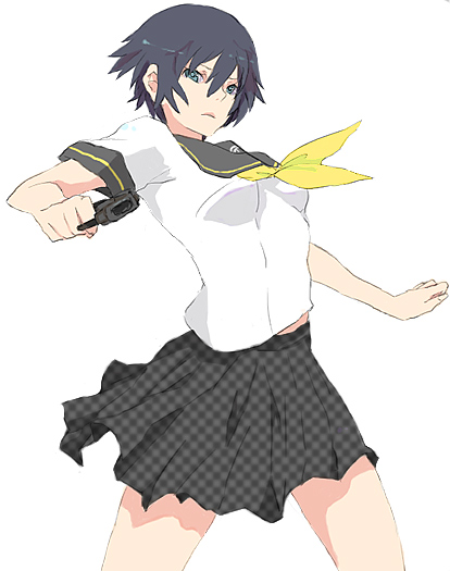 mumo (xxmocom), shirogane naoto, atlus, persona, persona 4, 1girl, androgynous, blue hair, breasts, female focus, gun, reverse trap, school uniform, serafuku, short hair, skirt, solo, weapon