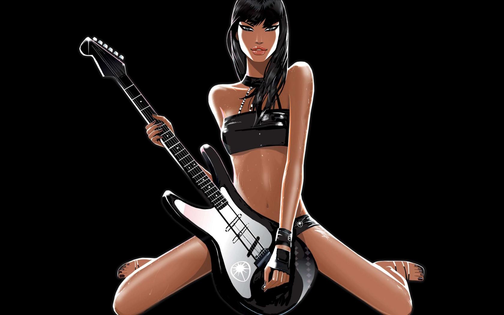 highres, non-web source, 1girl, bandeau, black hair, blue eyes, choker, female focus, fingerless gloves, gloves, guitar, instrument, kneeling, long hair, midriff, simple background, solo, strapless, tube top