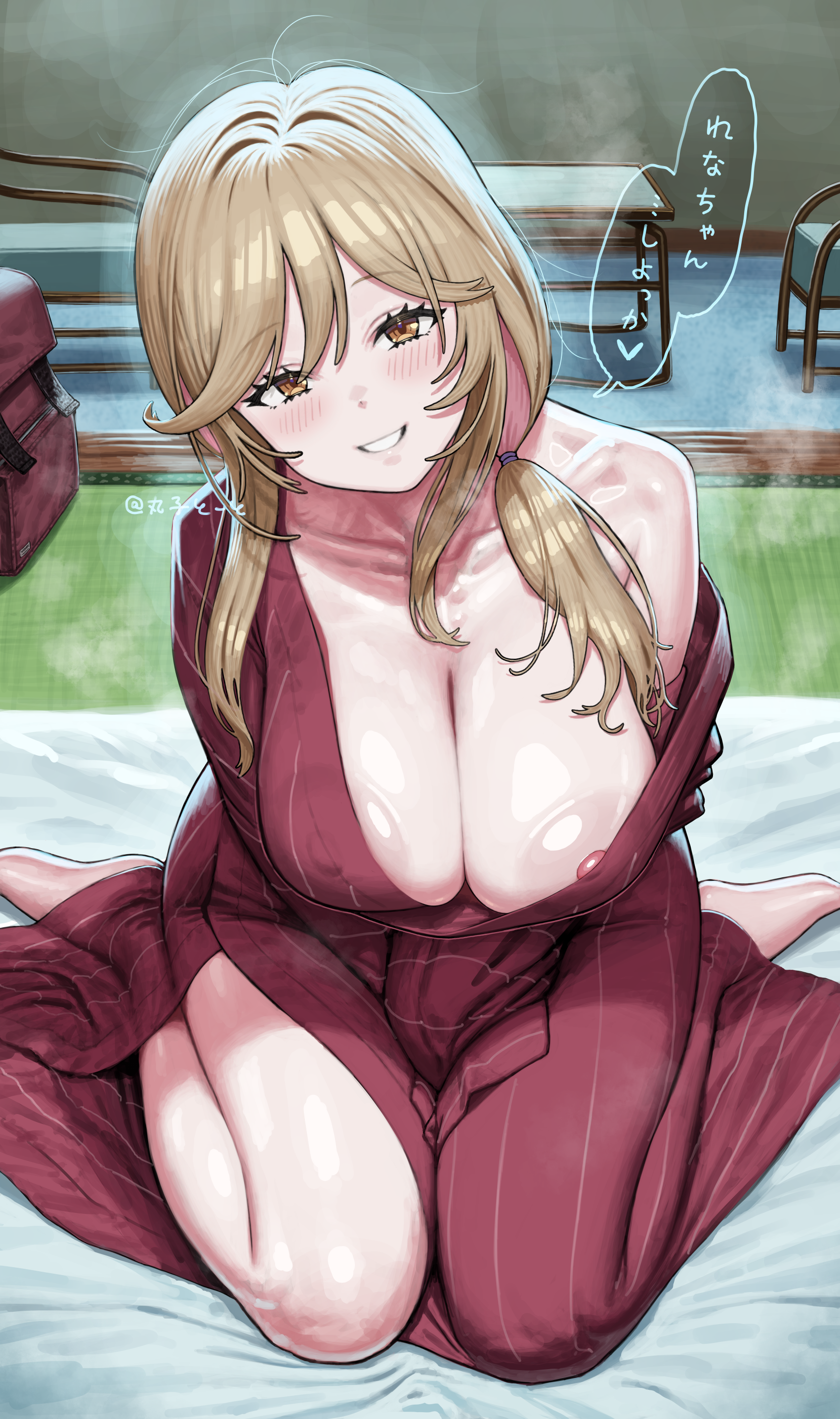 maruko tooto, sena ajisai, watashi ga koibito ni nareru wake naijan murimuri!, absurdres, highres, 1girl, bare shoulders, barefoot, blonde hair, blush, breasts, brown eyes, cleavage, collarbone, grin, japanese clothes, kimono, large breasts, long hair, long sleeves, looking at viewer, nipple slip, nipples, off shoulder, red kimono, sitting, smile, solo