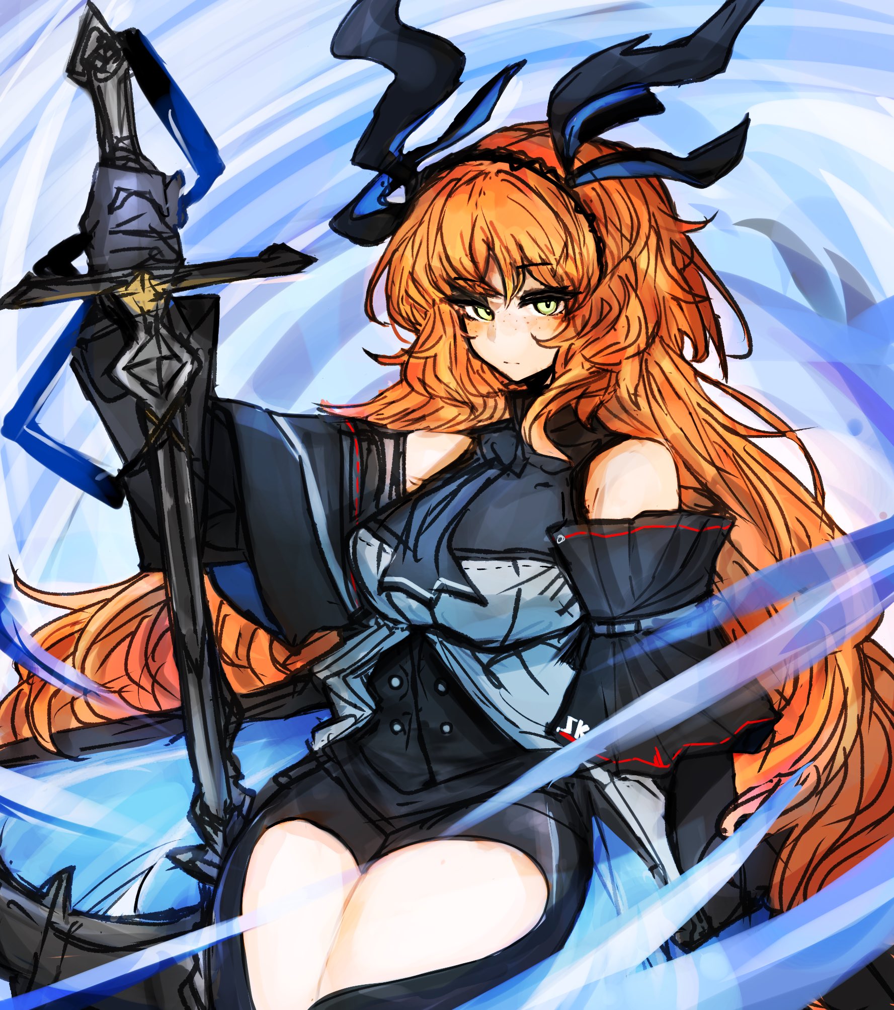 ishmael (project moon), skadi (arknights), arknights, limbus company, project moon, highres, 1girl, anchor, aqua gloves, ascot, black ascot, black gloves, black pants, bow, bowtie, chaps, clothing cutout, collared shirt, crotchless, crotchless pants, detached sleeves, freckles, gloves, green eyes, hair bow, hairband, high-waist shorts, holding, holding anchor, hosakana, long hair, looking at viewer, necktie, orange hair, orca, pants, see-through dress layer, shirt, shorts, shoulder cutout, side cutout, simple background, solo, tail, thigh cutout, very long hair