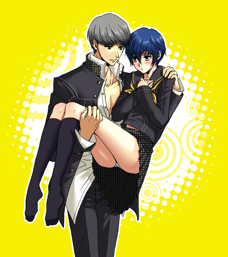 hirose wataru, komine minamo, narukami yu, shirogane naoto, atlus, persona, persona 4, bad id, bad pixiv id, 1boy, 1girl, androgynous, black socks, blue eyes, blue hair, blush, carrying, couple, embarrassed, grey eyes, grey hair, hetero, holding, houndstooth, panties, pantyshot, princess carry, reverse trap, school uniform, serafuku, short hair, skirt, socks, striped clothes, striped panties, underwear, unmoving pattern, upskirt