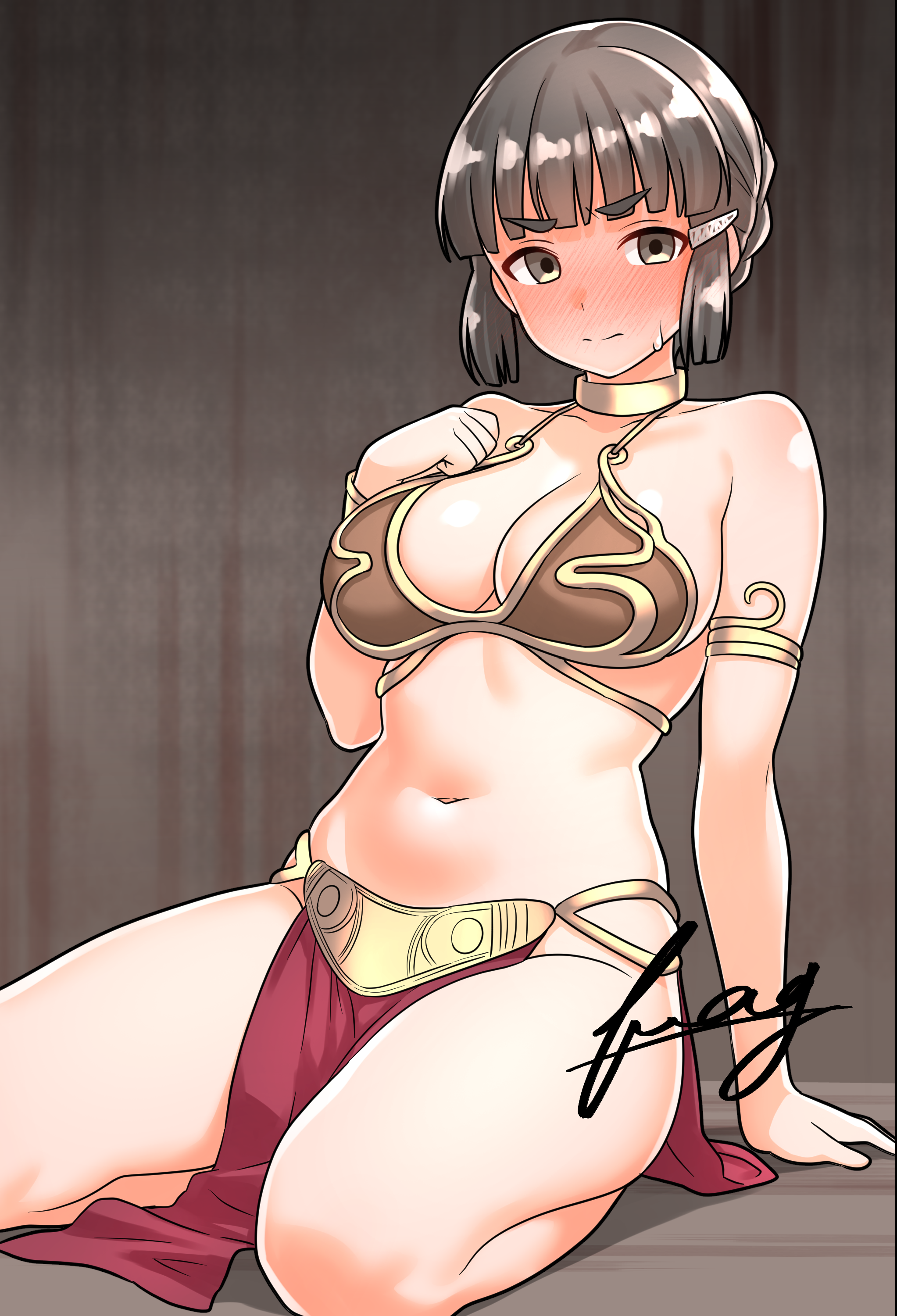 furaggu (frag 0416), huttslayer leia, myoukou (kancolle), princess leia, kantai collection, star wars, star wars: return of the jedi, gold armlet, absurdres, highres, 1girl, black hair, blush, breasts, cosplay, gold choker, grey eyes, hair bun, hair ornament, hairclip, large breasts, long hair, metal bikini, navel, pelvic curtain, princess leia (cosplay), solo