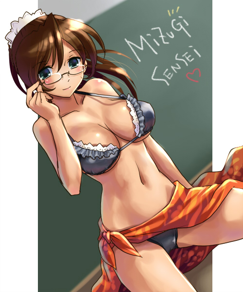 katahira masashi, original, 1girl, bikini, black bikini, blue eyes, breasts, brown hair, cleavage, dutch angle, female focus, frills, glasses, large breasts, long hair, maid, maid bikini, maid headdress, navel, sarong, solo, swimsuit, teacher, unconventional maid