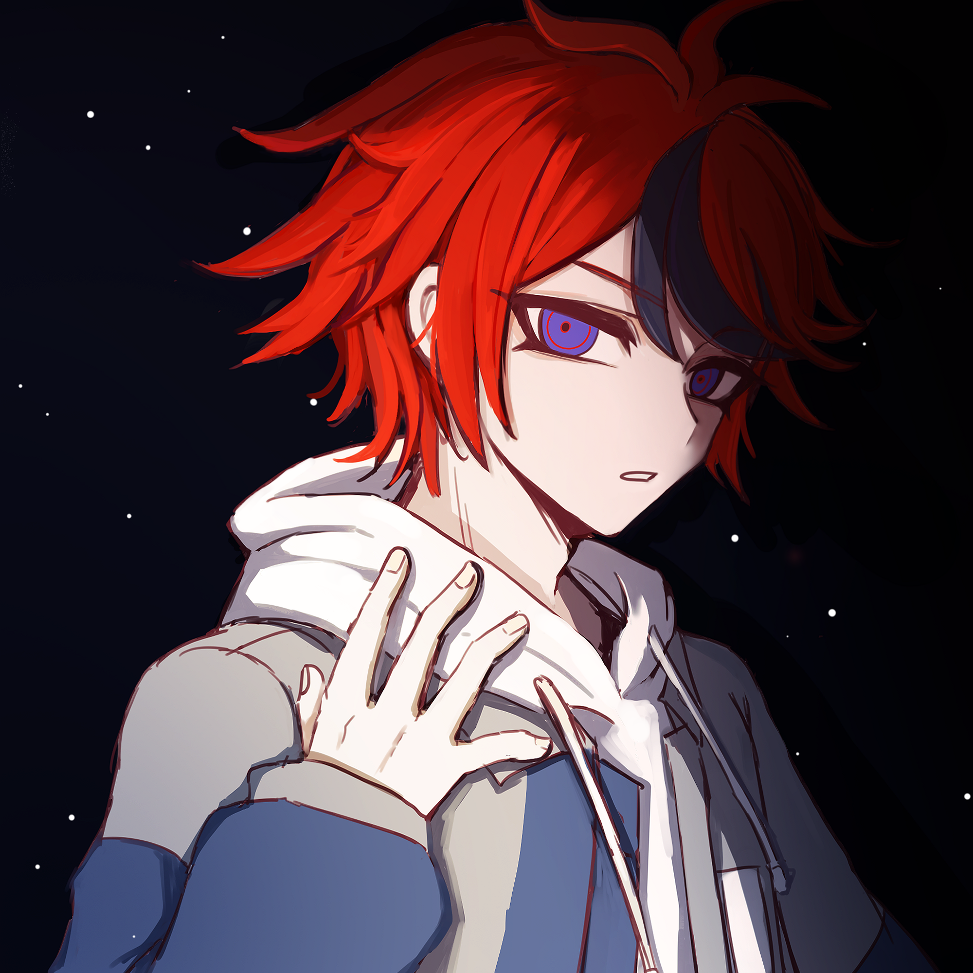 sumino takumi, the hundred line -last defense academy-, chinese commentary, commentary request, highres, 1boy, ahoge, black background, black streaks, blue eyes, blue jacket, drawstring, grey jacket, hood, hoodie, jacket, jacket over hoodie, looking at viewer, male focus, multicolored hair, multicolored jacket, multiple boys, open clothes, open jacket, parted lips, red hair, ringed eyes, short hair, sidelighting, siear, solo, streaked hair, two-tone jacket, upper body, white hoodie