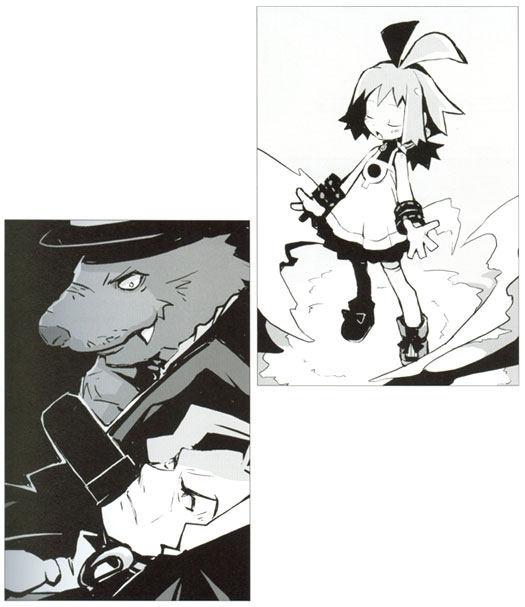 marona (phantom brave), walnut (phantom brave), nippon ichi, phantom brave, 1girl, cowboy hat, dress, fang, fang out, full body, greyscale, hat, monochrome, monster, short hair, tooth, upper body, walnut