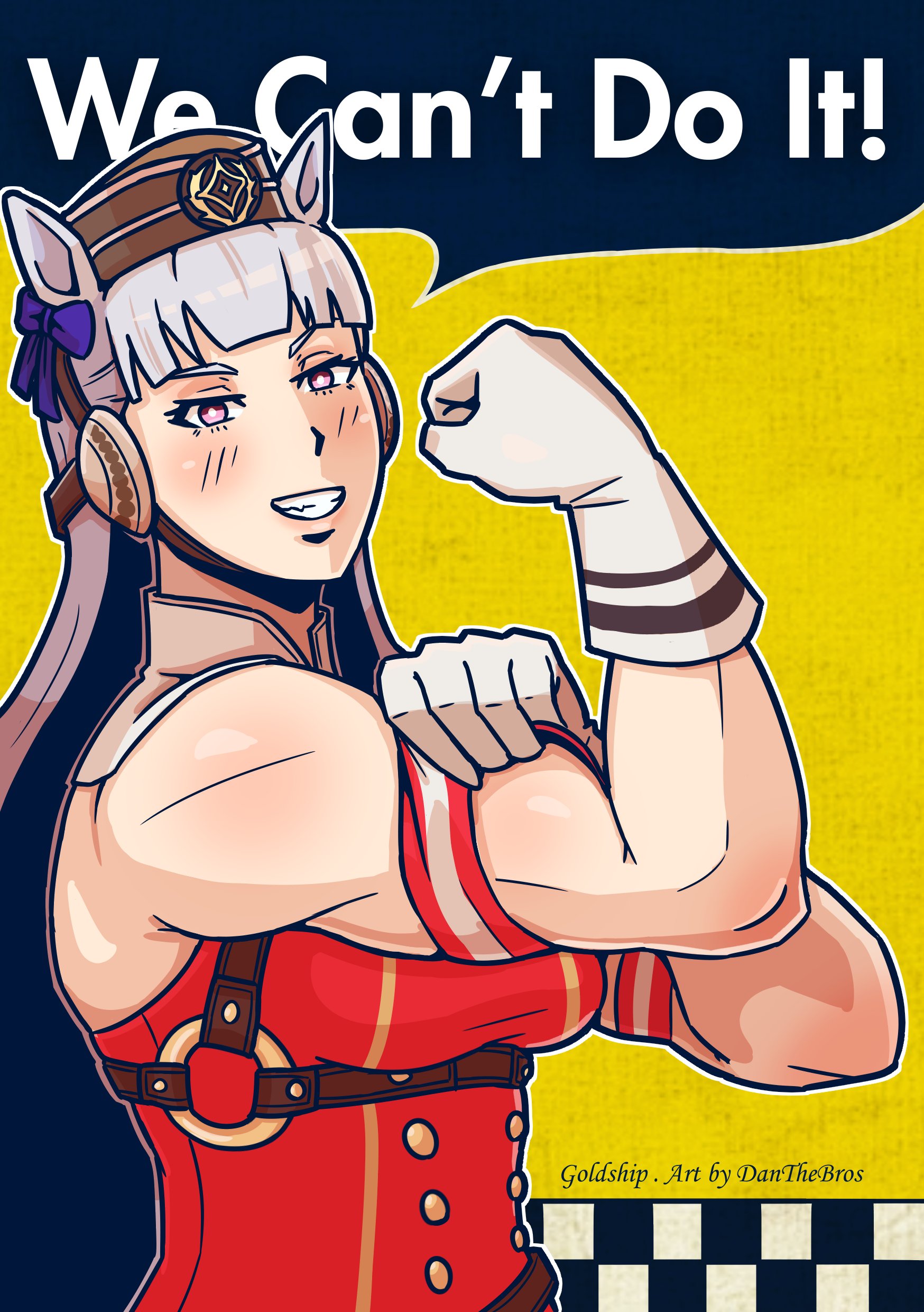 gold ship (red strife) (umamusume), gold ship (umamusume), rosie the riveter, real life, umamusume, we can do it!, absurdres, highres, 1girl, animal ears, armband, biceps, blunt bangs, blush, bow, breasts, brown hat, danthebros arts, dress, ear bow, ear ribbon, english text, gloves, grey hair, hat, horse ears, horse girl, long hair, looking at viewer, muscular, muscular female, open mouth, parody, pillbox hat, poster parody, purple bow, purple eyes, red armband, red dress, sleeveless, sleeveless dress, smile, solo, speech bubble, striped armband, striped clothes, teeth, upper body, white armband, white gloves