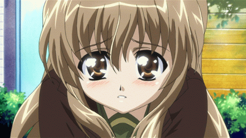 nogizaka haruka, shana, nogizaka haruka no himitsu, shakugan no shana, animated, animated gif, anime screenshot, lowres, 1girl, bent over, blush, brown eyes, brown hair, coat, cosplay, female focus, school uniform, serafuku, shana (cosplay), solo, trembling