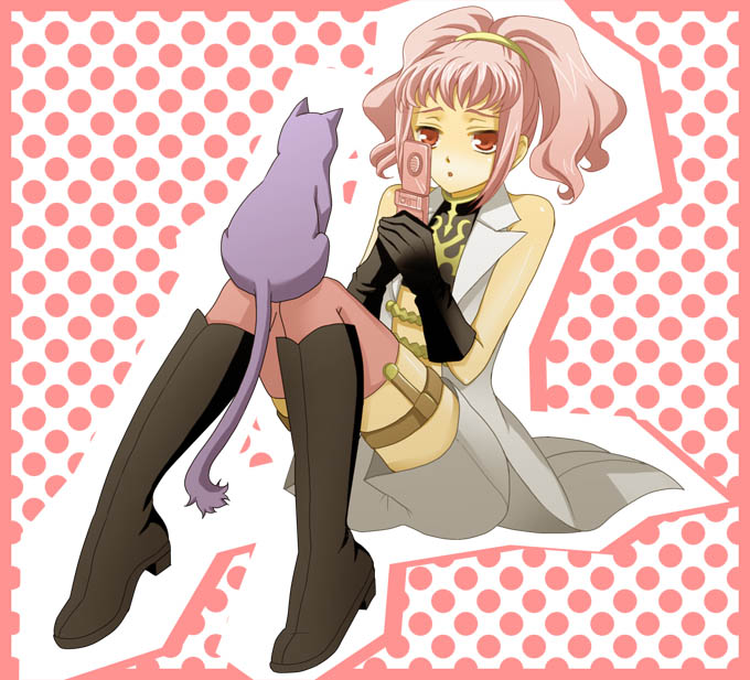 giorgio (akakosam), anya alstreim, arthur (code geass), code geass, bad id, bad pixiv id, 00s, bare shoulders, cat, cellphone, phone, pink eyes, pink hair, sleeveless, sleeveless turtleneck, solo, thighhighs, turtleneck