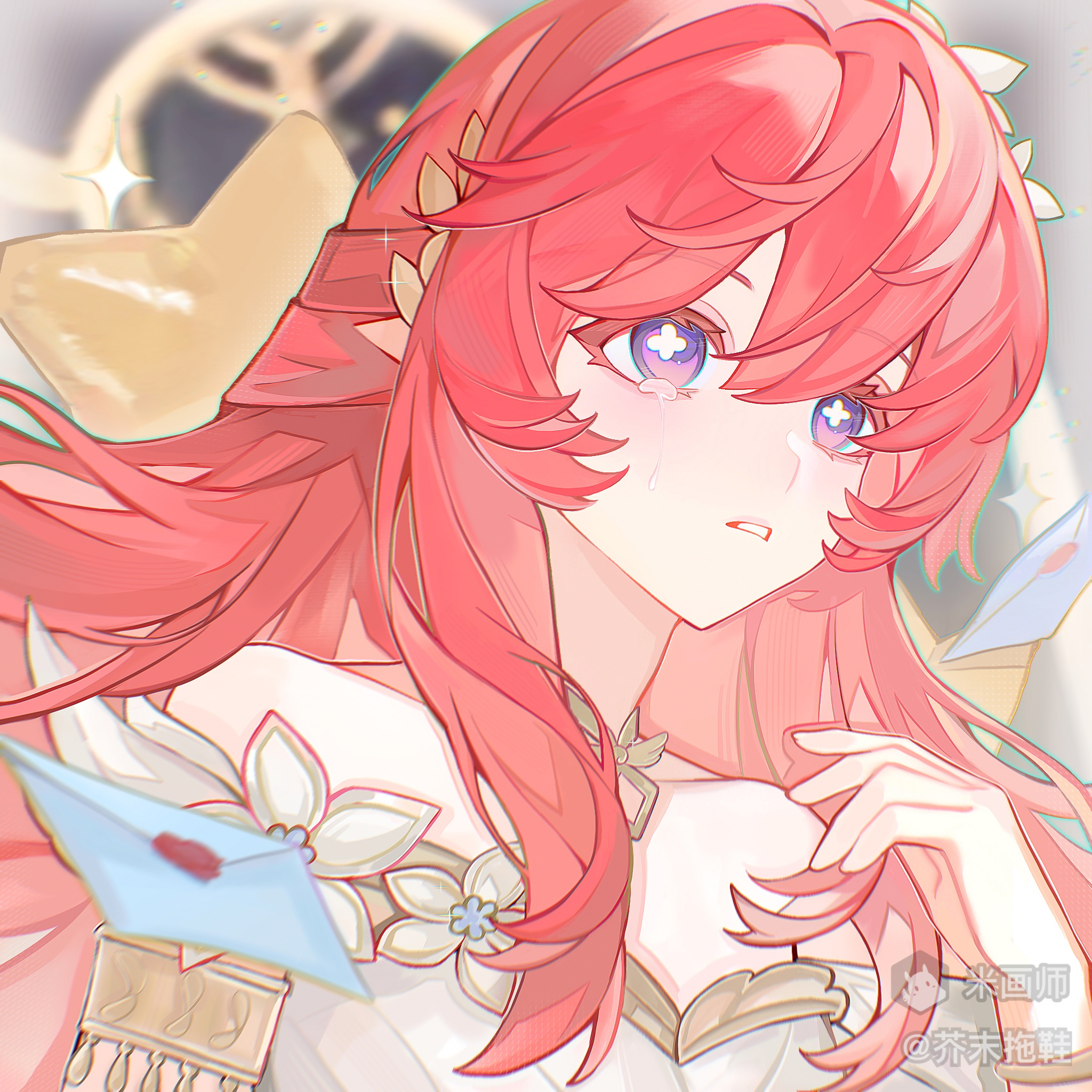 jiemo tuoxie, original, highres, 1girl, bare shoulders, dress, envelope, hair between eyes, hair ornament, hand up, long hair, parted lips, purple eyes, red hair, solo, tears, upper body, white dress